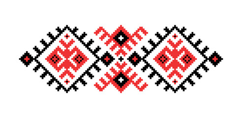 Black and red vector illustration. Isolated on white background. For tablecloth, dress, skirt, textile design.Ornament. Traditional Ukrainian folk art knitted embroidery pattern.