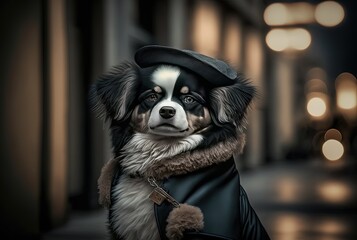 illustration of cute winter season puppy dog fashion portrait close-up shot with cityscape background 