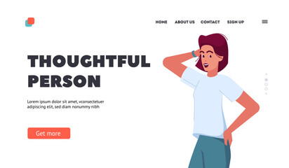 Doubtful Person Landing Page Template. Confused Thoughtful Woman Scratching Head. Thinking Process, Person Ask Questions