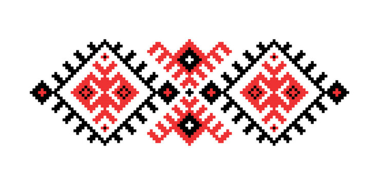 Black and red vector illustration. Isolated on white background. For tablecloth, dress, skirt, textile design.Ornament. Traditional Ukrainian folk art knitted embroidery pattern.