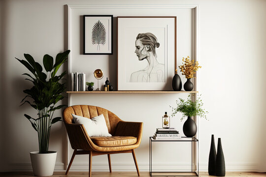 Design for a contemporary apartment's living room includes a wooden shelf, a chic chair, a vase of flowers, books, a sculpture, and other fine accents. Elegant house furnishings, Template. Generative