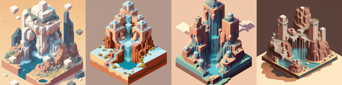 Group of 4 3D game design isometric islands concept render art in light colors and pastel gradients in a minimalist and modern style 