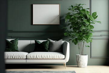 Interior mock up of a living room with contemporary furnishings and stylish home decor on a colored background. Generative AI