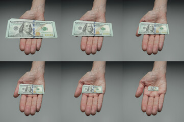 100 dollar bill shrinking over time  in palm of hand