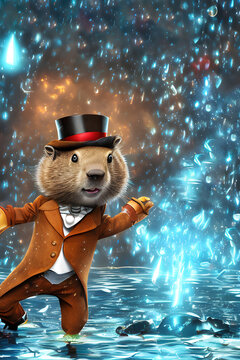 Adorable groundhog in a top hat dancing and suit dancing in the rain.s for groundhog day cartoon  illustration. generative ai