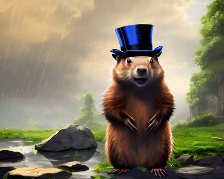 Adorable groundhog wearing a top hat looking for his shadow. Cartoon illustration landscape. generative ai,