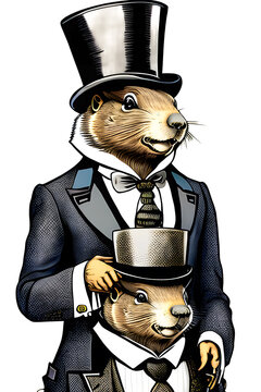 Groundhog father and son dressed in top hat and tuxedos to celebrate groundhog day. Cutout isolated illustration. generative ai