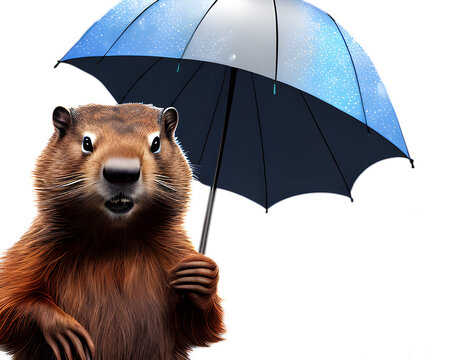 adorable groundhog holding a umbrella on a white background. isolated, cartoon, illustration, generative ai