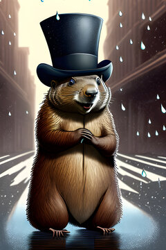 Groundhog in a top hat standing in the middle of the road in the city. Cartoon illustration, generative ai,generative, ai