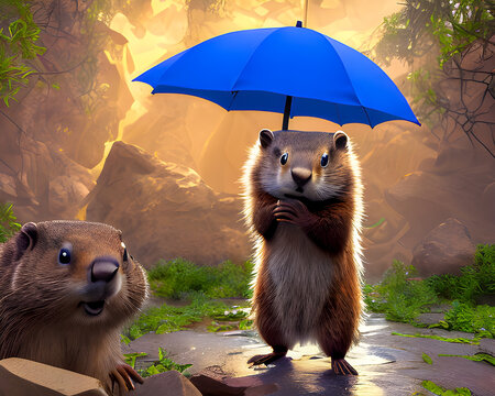 Two groundhogs coming out to see their shadow. Cartoon illustration, generative ai