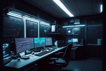 Obraz na płótnie Canvas hackers computers Room, game factory laboratory . Cybersecurity, Ai Generative