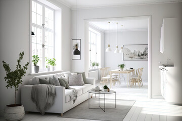 Scandinavian apartment with contemporary interior design, dining area, hall, and living room with white sofa. Creating a home. Panorama. Generative AI
