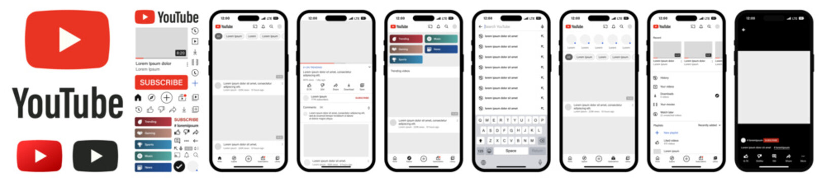 YouTube Mockup. Set Youtube Screen Video Player And Video Network Interface Template. YouTube Photo Frame. Stories, Video, Liked, Stream. Iphone X Editorial Vector. Vinnitsa, Ukraine - January 1, 2023