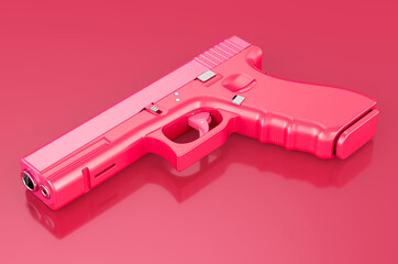 Gun, pistol in trending viva magenta colors, 3D rendering - obrazy, fototapety, plakaty