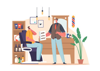 Barbershop Services Concept with Barber Offer to Client Mustaches Style Showing Samples in Palette Cartoon Illustration