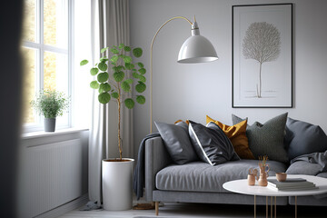 Stylish living room with a lamp and gray sofa. furnishings with a Scandinavian aesthetic. Generative AI