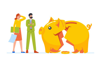 Finance Problems, Money Loss, Investment Crisis Concept. Business Characters Stand At Broken Piggy Bank With Last Coin