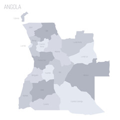 Angola political map of administrative divisions - provinces. Grey vector map with labels.