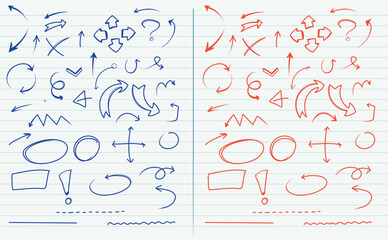 Set of vector handwritten images of a variety of red and blue arrows on the background of a notebook page. 