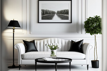 Sofa and coffee table in a traditional white setting. interior design model. Generative AI