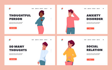 Thoughtful People Landing Page Template Set. Pensive Characters with Questions Searching Solution Vector Illustration