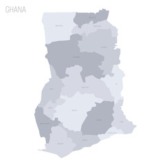 Ghana political map of administrative divisions - regions. Grey vector map with labels.