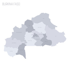 Burkina Faso political map of administrative divisions - regions. Grey vector map with labels.