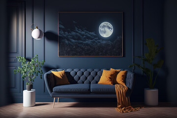 Interior of a mock living room with a sofa against a blank, dark blue wall. Generative AI
