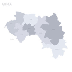 Guinea political map of administrative divisions - regions. Grey vector map with labels.