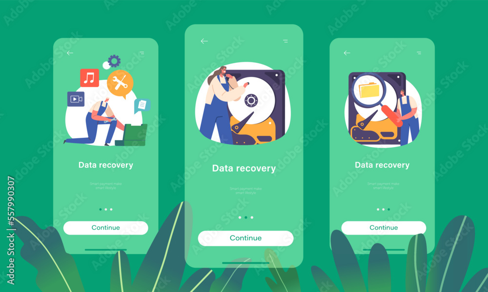 Poster data recovery mobile app page onboard screen template. characters fixing data and information storag