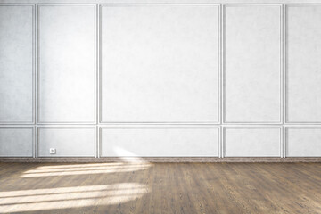 modern light-flooded empty room, white ornament wall and wooden parquet floor; sunshine; 3D illustration