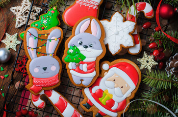 Christmas Gingerbread Cookies on Wooden Background, Holiday Treats