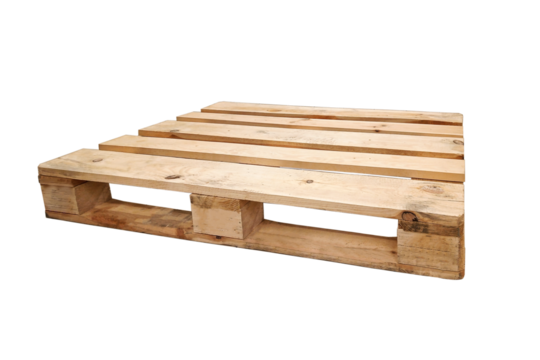 Old empty wooden transportation pallet isolated on a transparent background in close-up