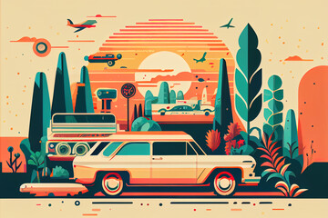  Bright design in the spirit of 80-90 years. Retro car on the background of the city and palm trees. Illustrations in vintage style. Gen Art