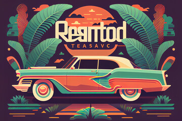Bright design in the spirit of 80-90 years. Retro car  Illustrations in vintage style. Gen Art	
