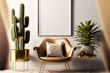 Retro living room decor includes a chic vintage chair and table, plants, cacti, personal items, and a gold poster mockup frame on a beige wall. chic interior design. Template. Generative AI