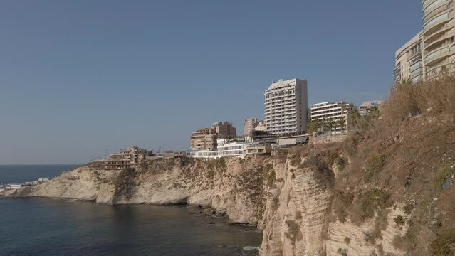 Sabah Nassar's Rock at Raouche in Beirut, Lebanon. known as the Pigeons' Rock - Beautiful aerial view nature and sea. Lebanon attractions.