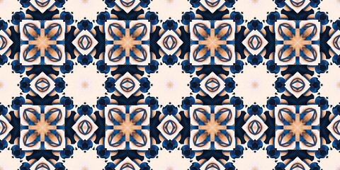  Blue white watercolor azulejo tile border background. Seamless coastal blur bleed geometrical floral mosaic effect banner. Ornamental arabesque summer fashion repeat edge trim.