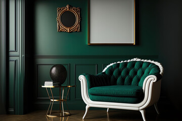 Modern interior design for a home or business, interior accents, and upholstered furniture against a historically significant dark green wall. Generative AI