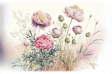 Obraz premium a painting of flowers and grass on a white background with a pink background and a white background with a pink border.