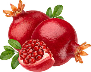 Pomegranate fruit with leaves isolated