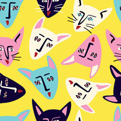 Pattern with Funky cat with a lovely face. Freaky comic cat face. Bizarre Valentine's Day pattern