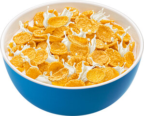Corn flakes breakfast with milk splashes isolated - Powered by Adobe