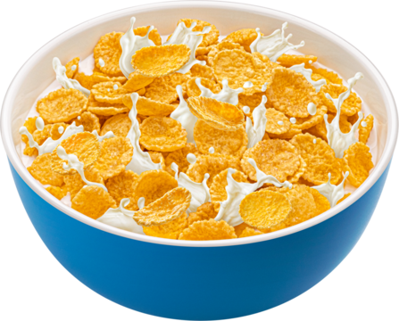 Corn flakes breakfast with milk splashes isolated