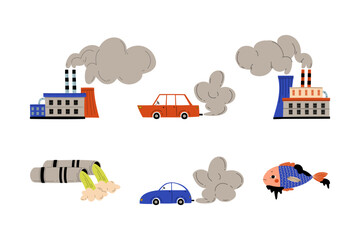 Environment pollution set. Smoke from factory pipes, car, wastewater. Dirty toxic effluents cartoon vector illustration