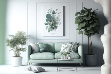 Elegant personal accessories, design mint sofa, furnishings, mock up poster map, and living plants can be found in this stylish Scandinavian living room. modern interior design. a large room with an e