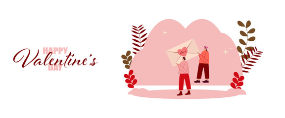 Card, poster or loading page for Valentine's Day, with people holding the symbol of this holiday.