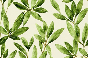 Green leaves and wax flowers on a white backdrop to make a lovely seamless wallpaper design. Use of watercolour techniques. Generative AI