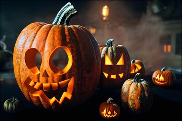 Halloween scary pumpkin - evil looking jack o lantern. Carved pumpkin head. Generative AI illustration.