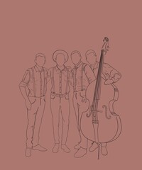 a musical group, a quartet, four friends of musicians without faces, in suspenders and with a double bass hugging, on a pastel background. Jazz band atmosphere, jazz musicians, jazz festival